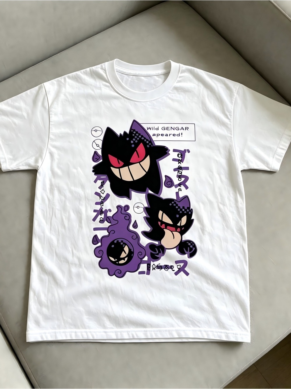 with purple Gengar characters and Japanese text Women Men T-shirt Unisex